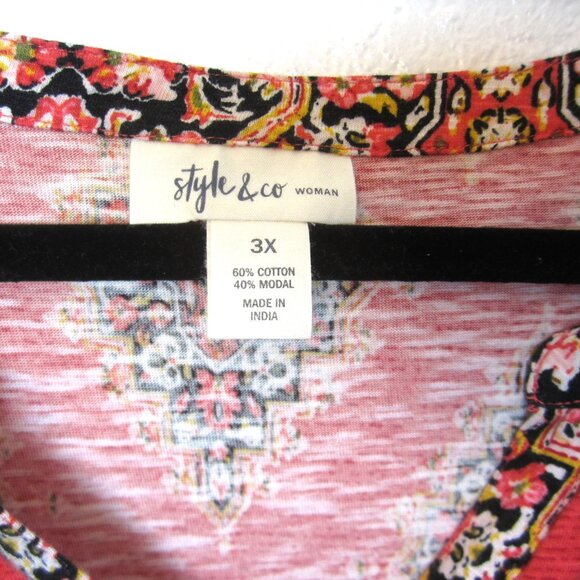 Style & Co Plus 3X Top Womens Colorful Boho Print Roll Tab Sleeve Red Coral - Picture 4 of 6